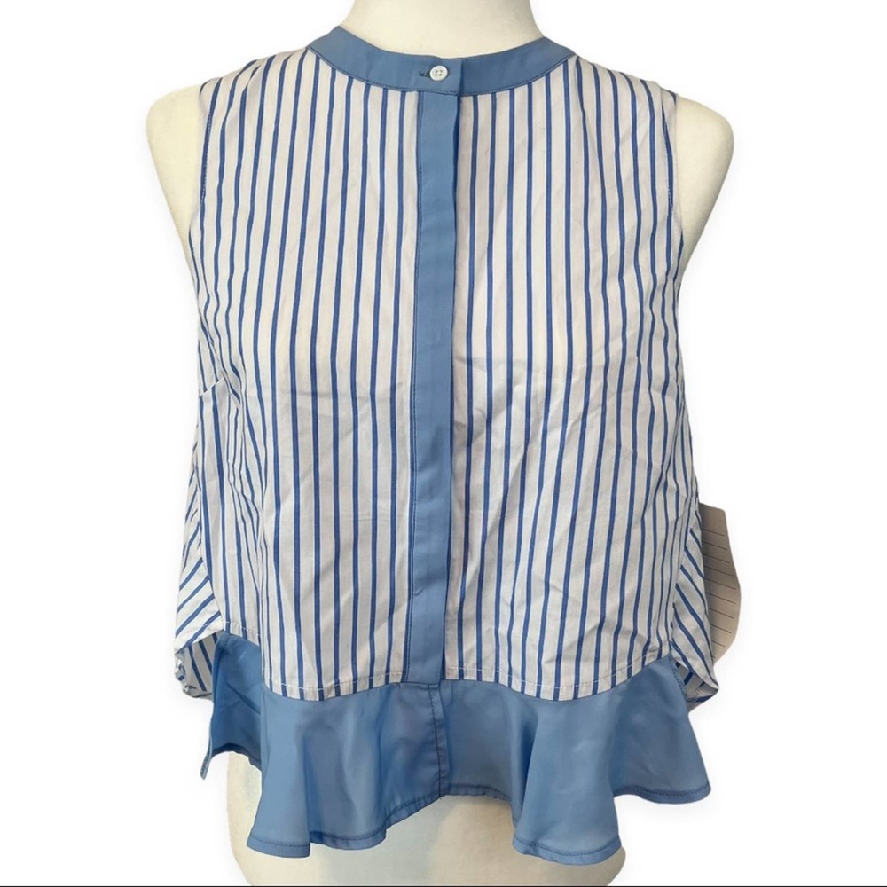 🌸 After Market | Women's Sleeveless Blue&White Stripe Ruffle Button Up Blouse